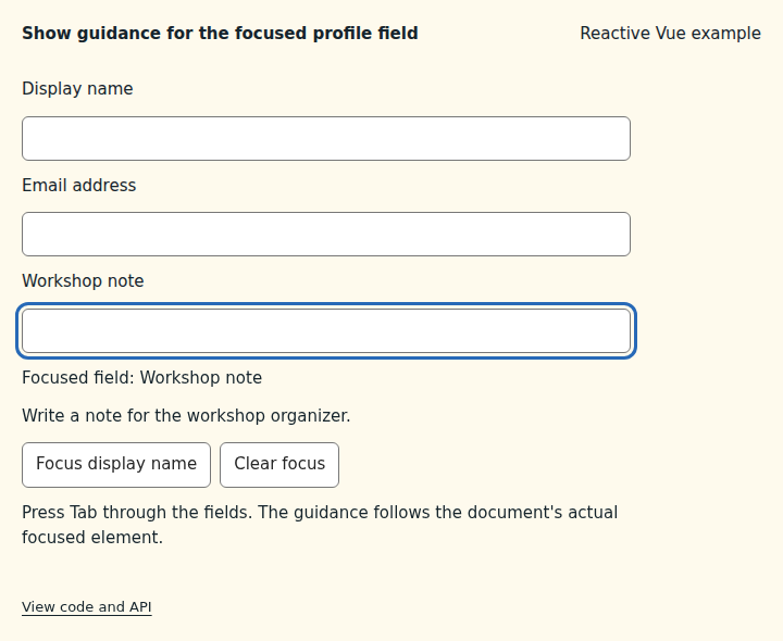 Show guidance for the focused profile field: state after the verified interactions