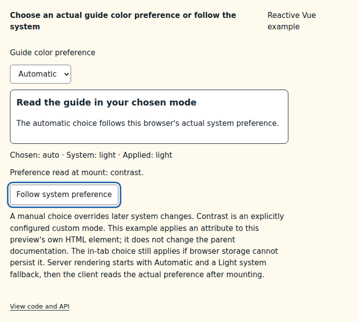 Choose an actual guide color preference or follow the system: state after the verified interactions