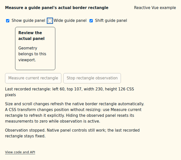 Measure a guide panel's actual border rectangle: state after the verified interactions