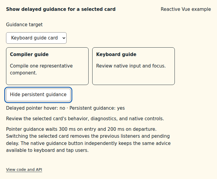 Show delayed guidance for a selected card: state after the verified interactions