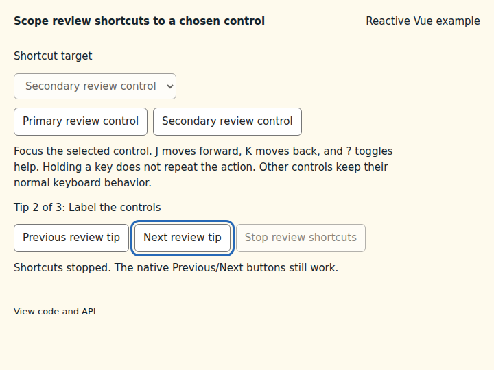 Scope review shortcuts to a chosen control: state after the verified interactions