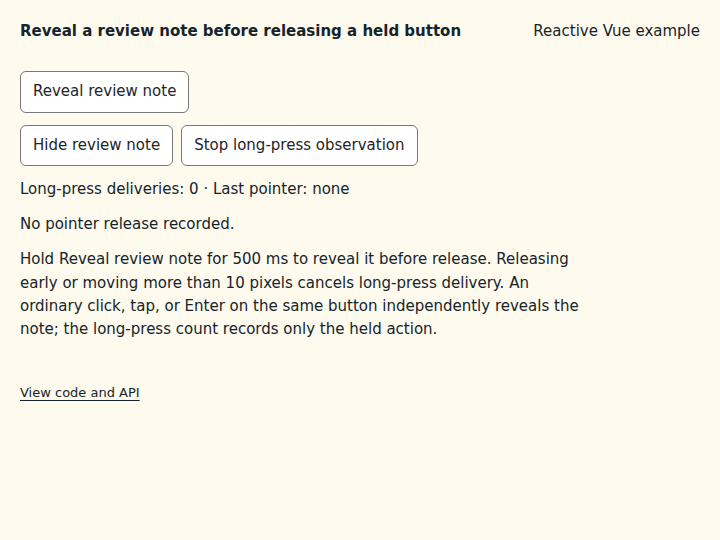 Reveal a review note before releasing a held button: initial state