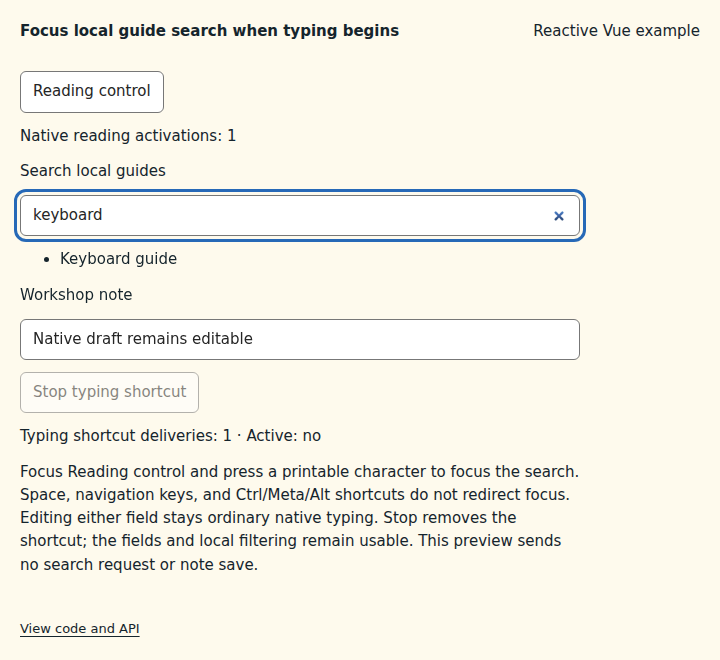 Focus local guide search when typing begins: state after the verified interactions