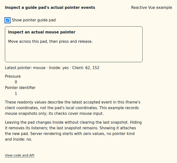 Inspect a guide pad's actual pointer events: state after the verified interactions
