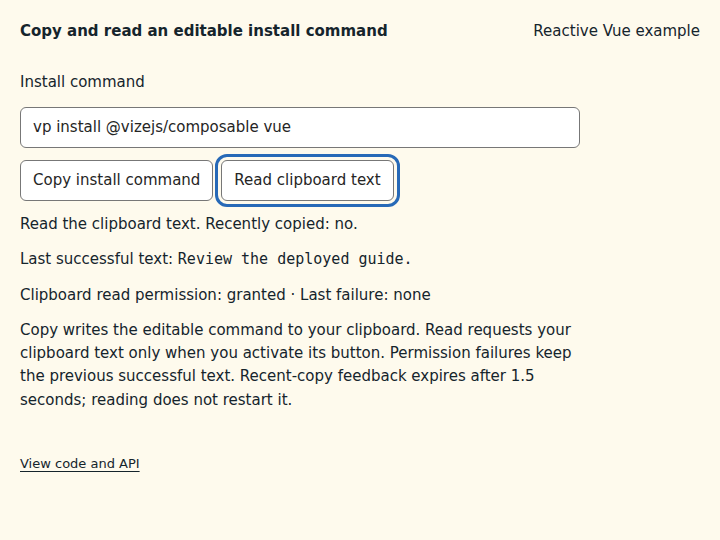 Copy and read an editable install command: state after the verified interactions