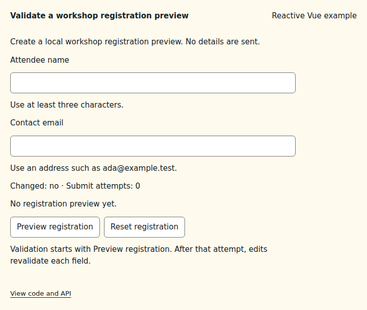 Validate a workshop registration preview: initial state