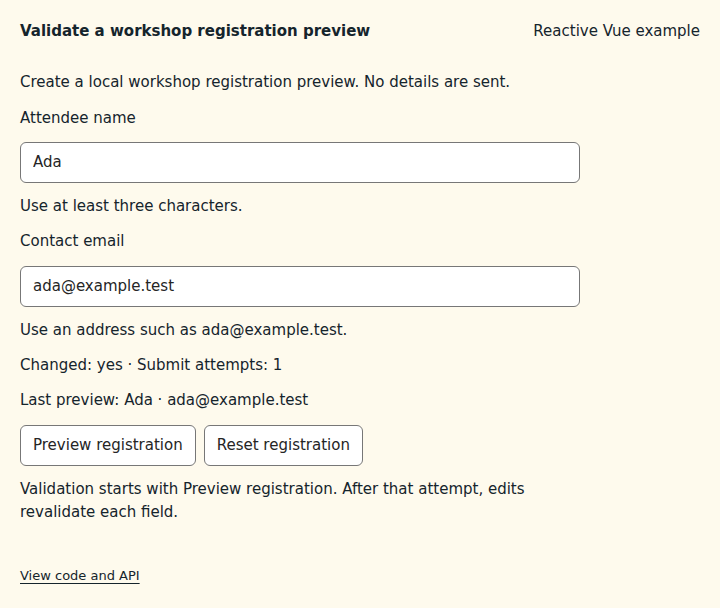Validate a workshop registration preview: state after the verified interactions