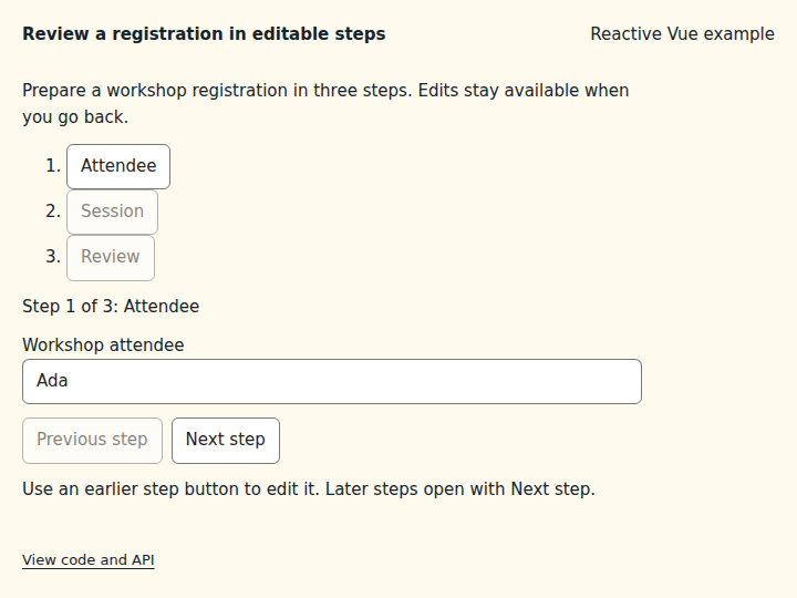 Review a registration in editable steps: initial state