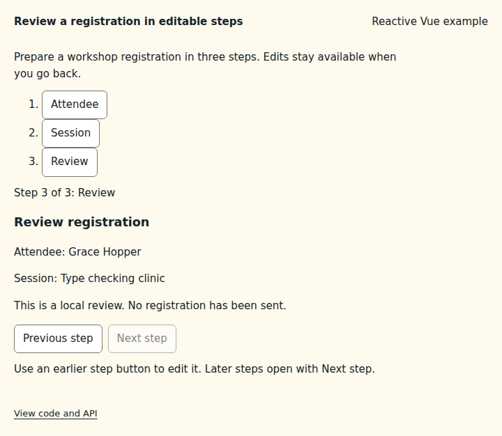 Review a registration in editable steps: state after the verified interactions
